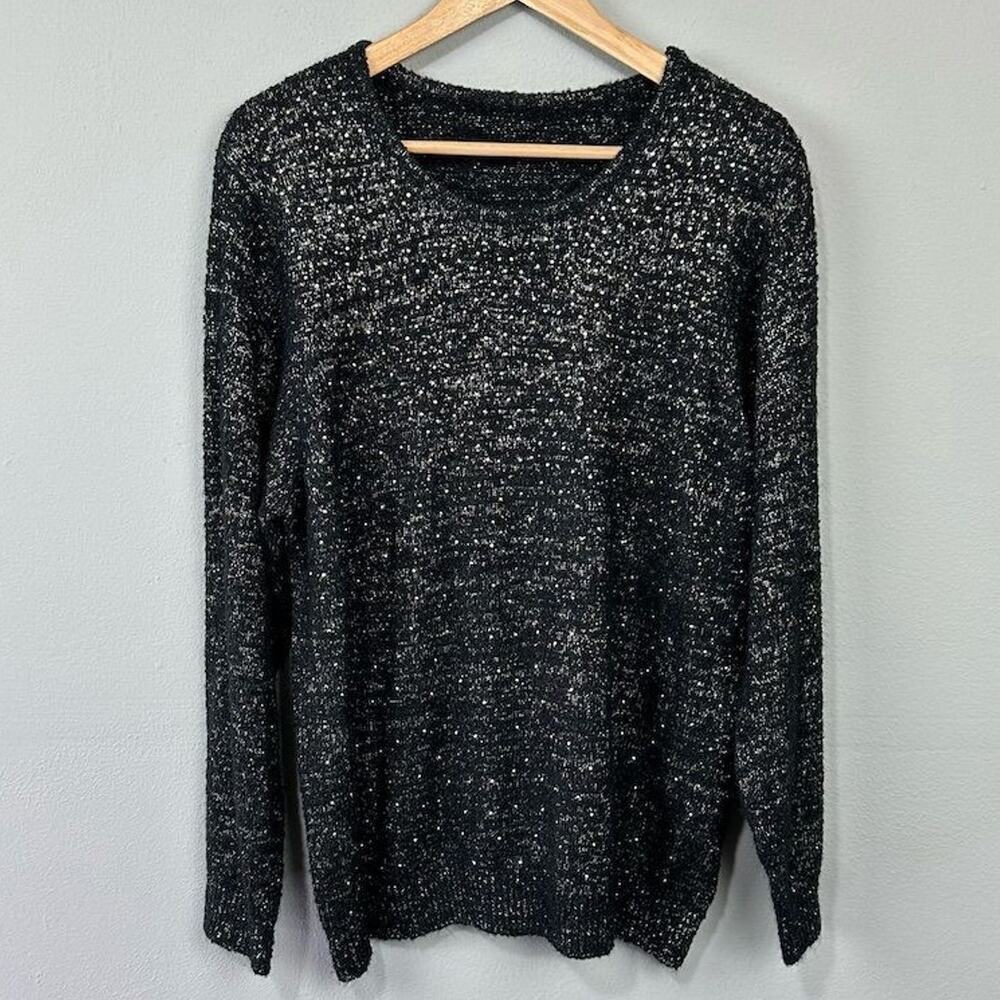 Vintage Embellished Pullover Sweater‎ Est Size L Black Gold Metallic Fuzzy Soft